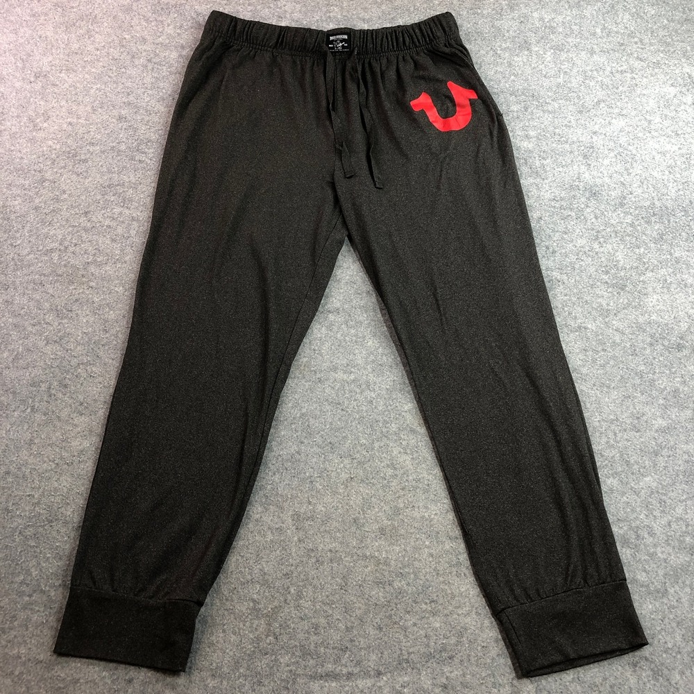 True Religion Mens Lounge Pants XL Charcoal Gray Red Horseshoe Logo Joggers